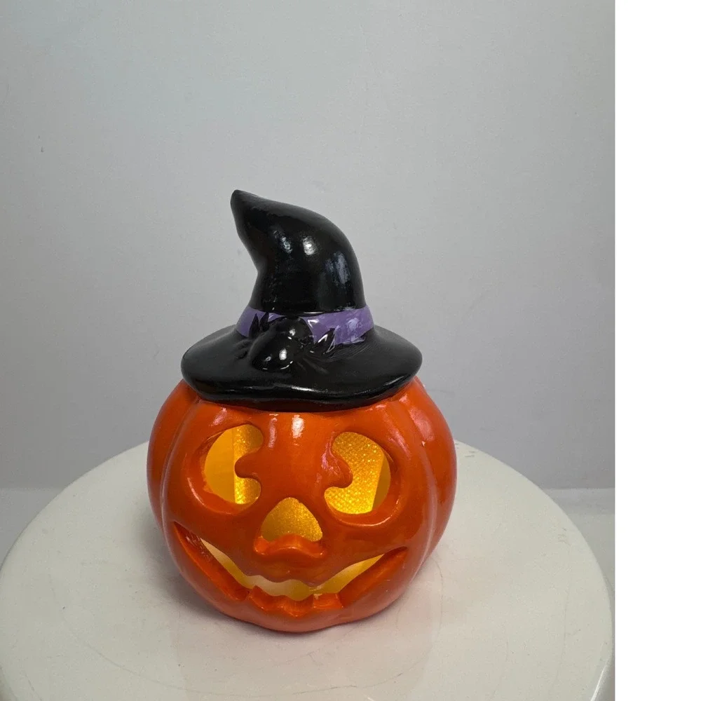 Mr. Christmas Ceramic Halloween Figurine Set 3pc Orange Green Excellent Lighted